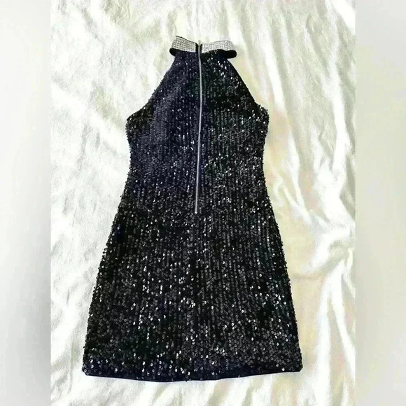 Forever 21 Black Sequin Mini Dress Rhinestone Necklace Style Collar Size Small - Picture 4 of 8
